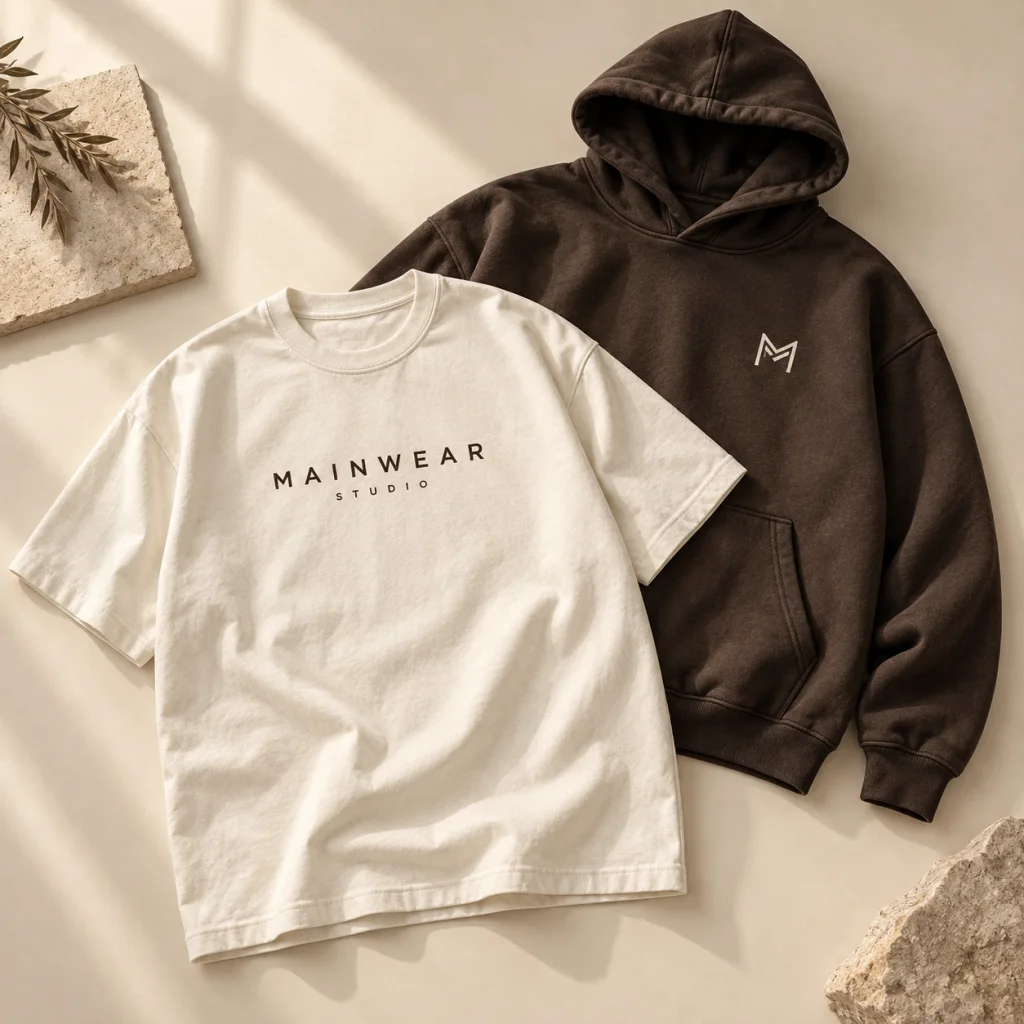 Illustrative cream graphic t-shirt and espresso hoodie apparel concept