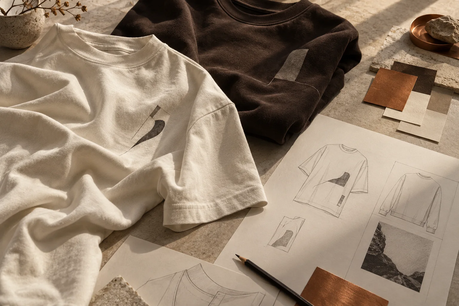 Illustrative apparel design study with ivory and espresso garments, clothing sketches, and color swatches